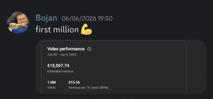 Bojan's YouTube channel growth and video editing results: 1.0M views on one video by Falcon Motion