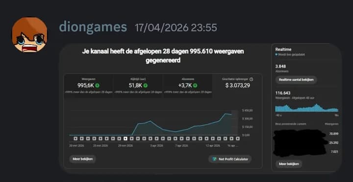 diongames's YouTube channel growth and video editing results: 995K views in 28 days by Falcon Motion